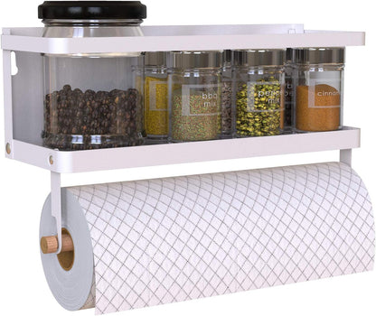 Magnetic Paper Towel Holder, 2-in-1 Magnetic Spice Rack with Hooks,Wall Mount Shelf Towel Rack for Refrigerator (Black, With hook)