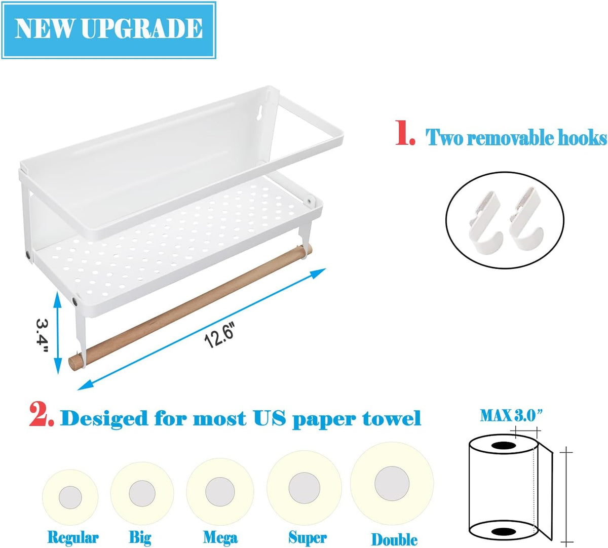 Magnetic Paper Towel Holder, 2-in-1 Magnetic Spice Rack with Hooks,Wall Mount Shelf Towel Rack for Refrigerator (Black, With hook)