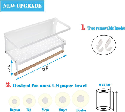 Magnetic Paper Towel Holder, 2-in-1 Magnetic Spice Rack with Hooks,Wall Mount Shelf Towel Rack for Refrigerator (Black, With hook)