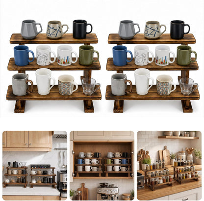 2 Pack 3 Tier Coffee Mug Display Shelf, Wooden Mug Organizer