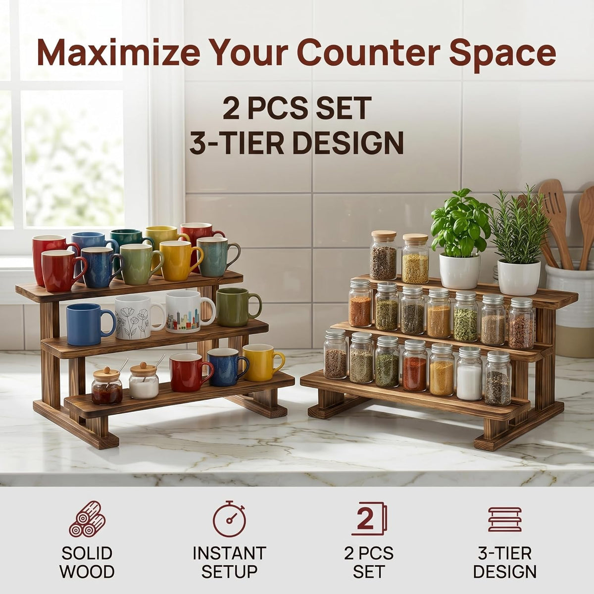 2 Pack 3 Tier Coffee Mug Display Shelf, Wooden Mug Organizer
