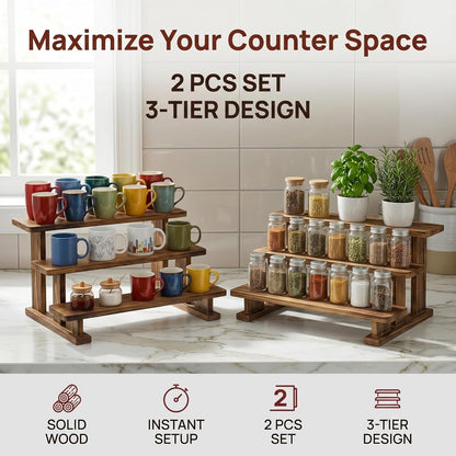 2 Pack 3 Tier Coffee Mug Display Shelf, Wooden Mug Organizer