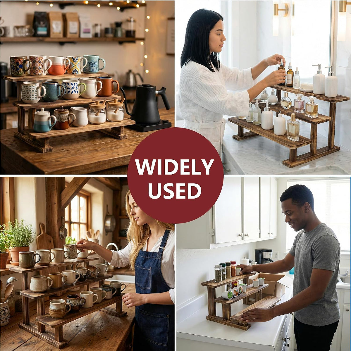 2 Pack 3 Tier Coffee Mug Display Shelf, Wooden Mug Organizer