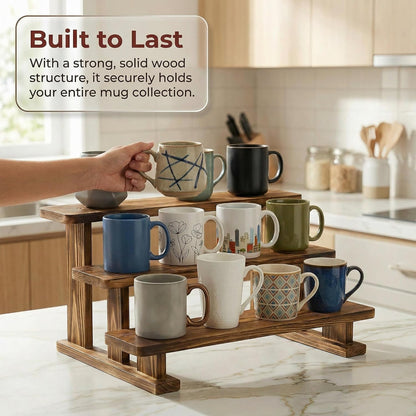 2 Pack 3 Tier Coffee Mug Display Shelf, Wooden Mug Organizer