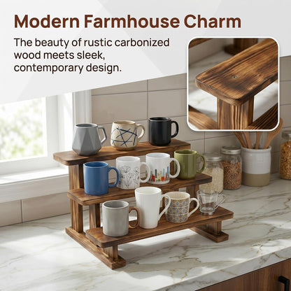 2 Pack 3 Tier Coffee Mug Display Shelf, Wooden Mug Organizer