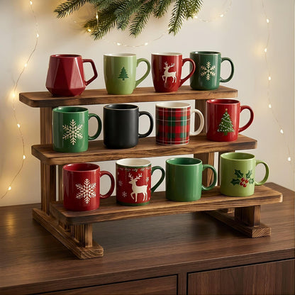 2 Pack 3 Tier Coffee Mug Display Shelf, Wooden Mug Organizer