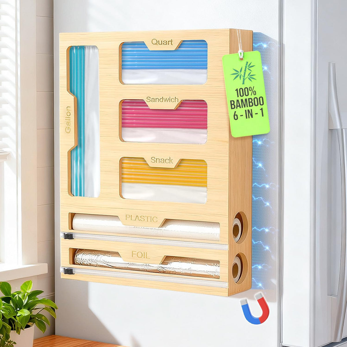 Magnetic Storage Bag Organizer 6 In 1 Ziplock Bag Organizer for Fridge and Drawer, Foil and Plastic Wrap Organizers with Cutter, Food Storage Bags Organizers for Gallon Quart Sandwich Snack