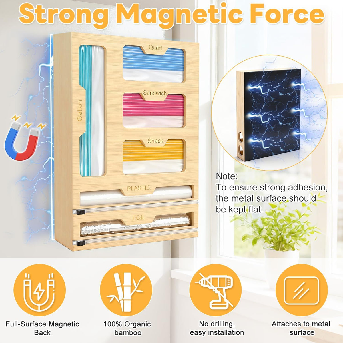 Magnetic Storage Bag Organizer 6 In 1 Ziplock Bag Organizer for Fridge and Drawer, Foil and Plastic Wrap Organizers with Cutter, Food Storage Bags Organizers for Gallon Quart Sandwich Snack