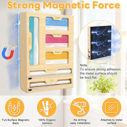 Magnetic Storage Bag Organizer 6 In 1 Ziplock Bag Organizer for Fridge and Drawer, Foil and Plastic Wrap Organizers with Cutter, Food Storage Bags Organizers for Gallon Quart Sandwich Snack