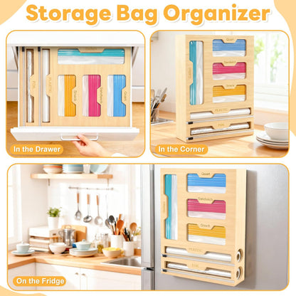 Magnetic Storage Bag Organizer 6 In 1 Ziplock Bag Organizer for Fridge and Drawer, Foil and Plastic Wrap Organizers with Cutter, Food Storage Bags Organizers for Gallon Quart Sandwich Snack