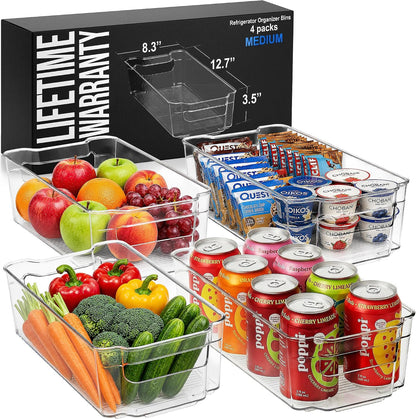 Zulay 4 Pack Clear Refrigerator Organizer Bins - XL Fridge Organizers and Storage Clear - Ideal Freezer Organizer Bins, Refrigerator Storage Containers, Kitchen Cabinets, Pantry Organization