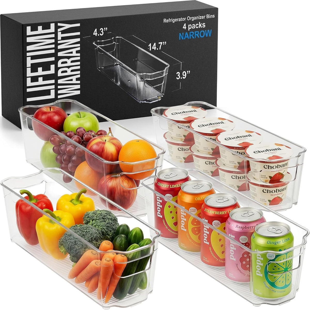 Zulay 4 Pack Clear Refrigerator Organizer Bins - XL Fridge Organizers and Storage Clear - Ideal Freezer Organizer Bins, Refrigerator Storage Containers, Kitchen Cabinets, Pantry Organization