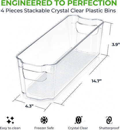 Zulay 4 Pack Clear Refrigerator Organizer Bins - XL Fridge Organizers and Storage Clear - Ideal Freezer Organizer Bins, Refrigerator Storage Containers, Kitchen Cabinets, Pantry Organization