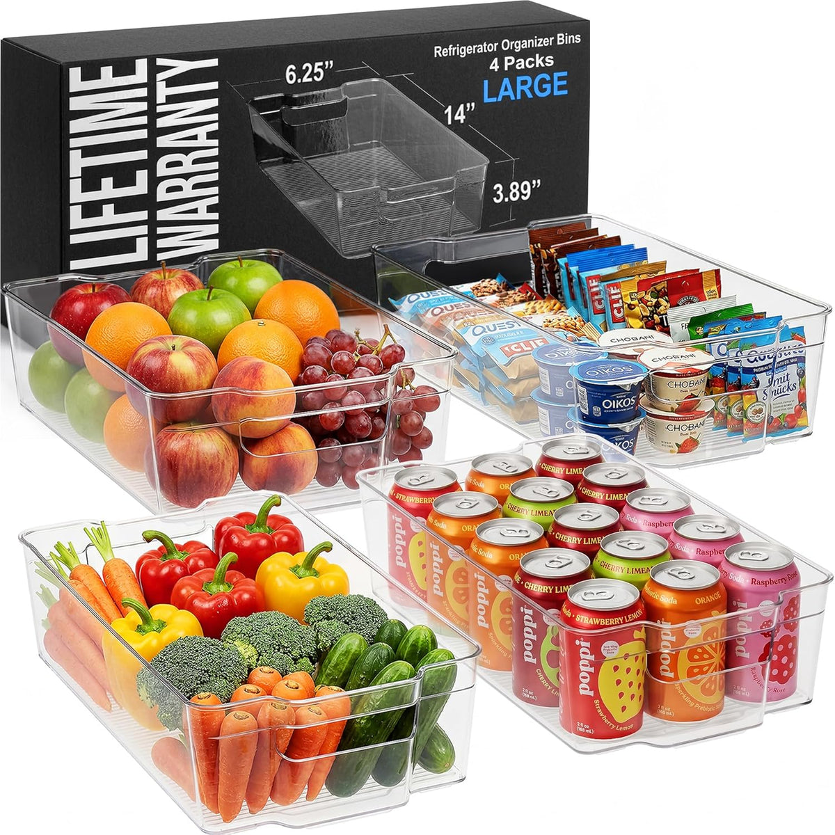 Zulay 4 Pack Clear Refrigerator Organizer Bins - XL Fridge Organizers and Storage Clear - Ideal Freezer Organizer Bins, Refrigerator Storage Containers, Kitchen Cabinets, Pantry Organization