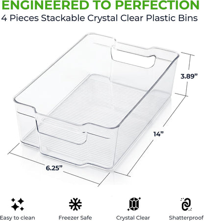 Zulay 4 Pack Clear Refrigerator Organizer Bins - XL Fridge Organizers and Storage Clear - Ideal Freezer Organizer Bins, Refrigerator Storage Containers, Kitchen Cabinets, Pantry Organization