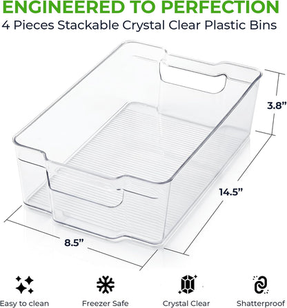 Zulay 4 Pack Clear Refrigerator Organizer Bins - XL Fridge Organizers and Storage Clear - Ideal Freezer Organizer Bins, Refrigerator Storage Containers, Kitchen Cabinets, Pantry Organization