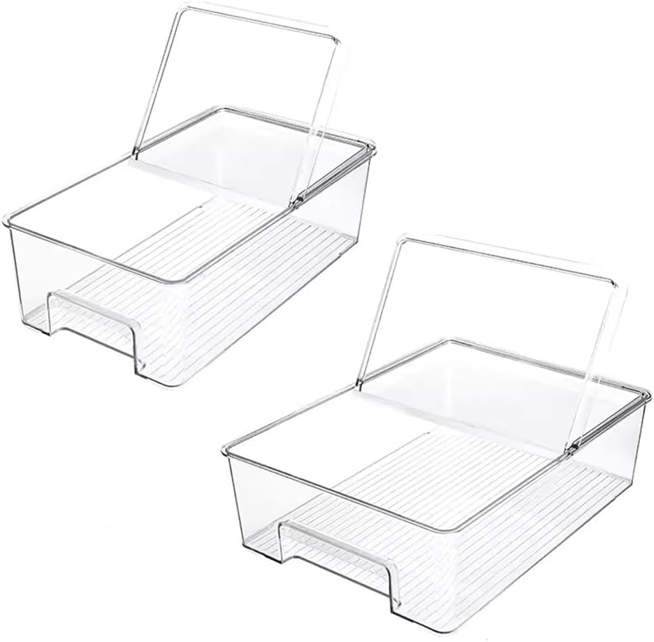 Vegetable Refrigerator Organizer Food Bins with lids Large Stackable Fridge Clear Organizers Kitchen Cabinet Organizer for Freezer, Kitchen, Countertops, Cabinets Pantry Storage Bins，set of 2