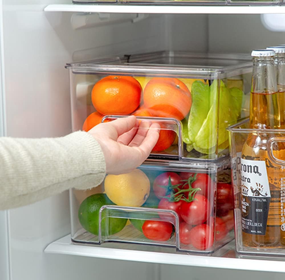 Vegetable Refrigerator Organizer Food Bins with lids Large Stackable Fridge Clear Organizers Kitchen Cabinet Organizer for Freezer, Kitchen, Countertops, Cabinets Pantry Storage Bins，set of 2