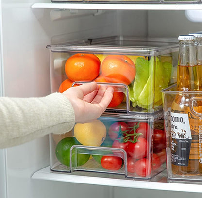 Vegetable Refrigerator Organizer Food Bins with lids Large Stackable Fridge Clear Organizers Kitchen Cabinet Organizer for Freezer, Kitchen, Countertops, Cabinets Pantry Storage Bins，set of 2
