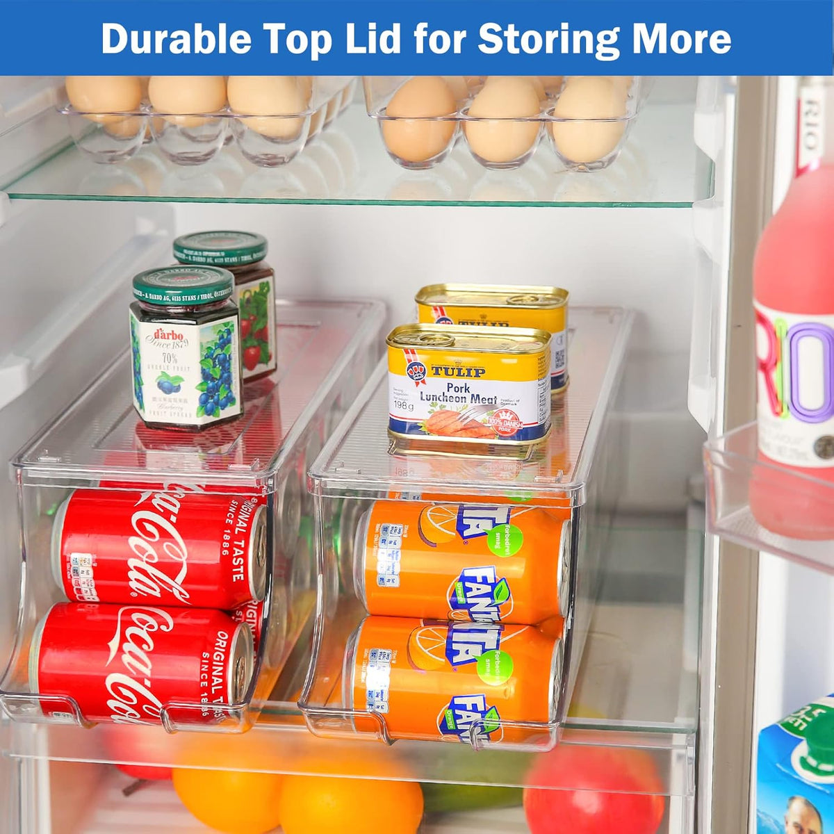 2 Pack Soda Can Organizer Dispenser for Refrigerator Fridge | Plastic Canned Food Pop Beverage Container Storage Bin with Lid for Freezer Rack Pantry Cabinet Cupboard Kitchen -Standard