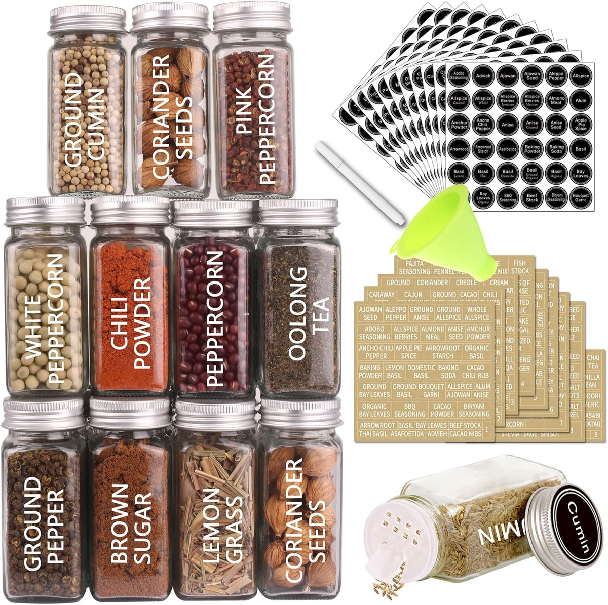 36 Pcs Glass Spice Jars with Lids, 4oz Spice Bottles with Labels | Empty Spice Containers with Shaker Lids, Chalk Marker, Funnel - Seasoning Containers for Spice Racks, Cabinets, Drawers