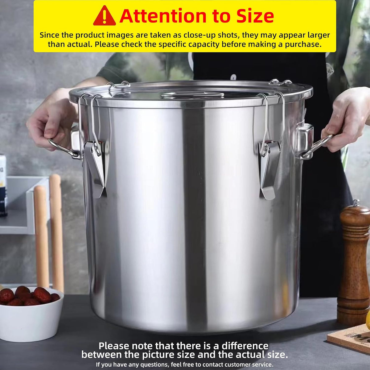 304 stainless steel food storage containers with lids lock clips airtight container large airtight for rice flour sugar grain coffee bean storage containers Kitchen jar (3.17gal/12L)
