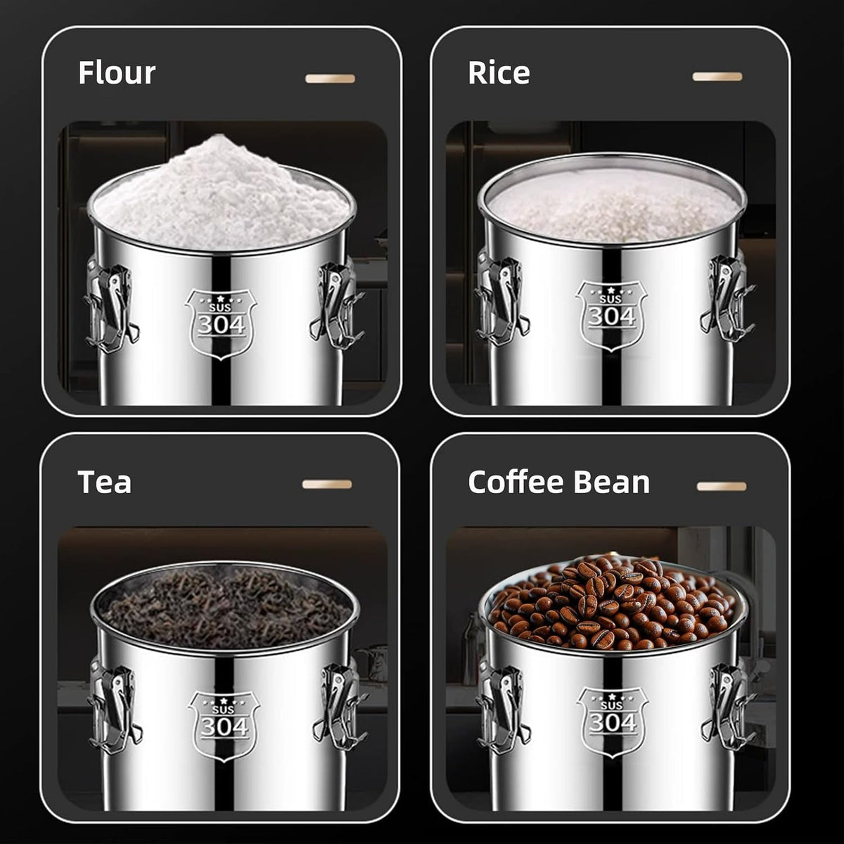 304 stainless steel food storage containers with lids lock clips airtight container large airtight for rice flour sugar grain coffee bean storage containers Kitchen jar (3.17gal/12L)
