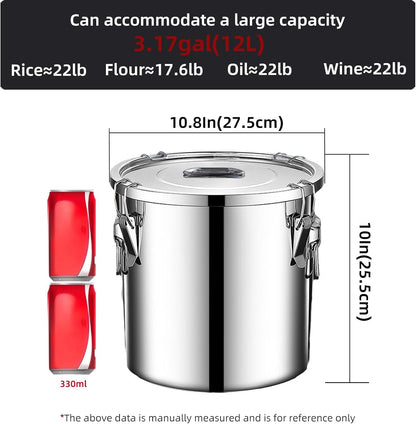 304 stainless steel food storage containers with lids lock clips airtight container large airtight for rice flour sugar grain coffee bean storage containers Kitchen jar (3.17gal/12L)