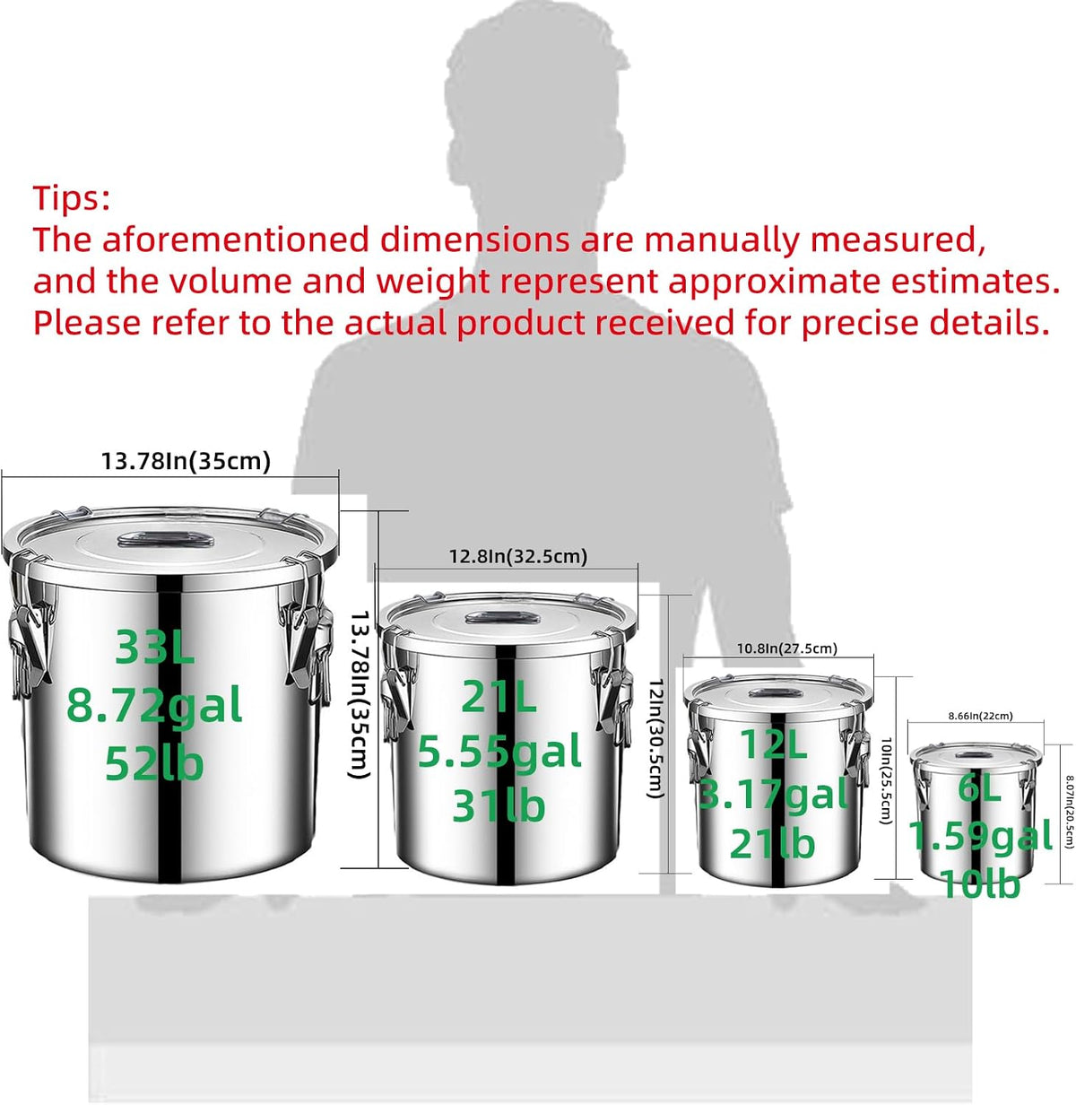 304 stainless steel food storage containers with lids lock clips airtight container large airtight for rice flour sugar grain coffee bean storage containers Kitchen jar (3.17gal/12L)
