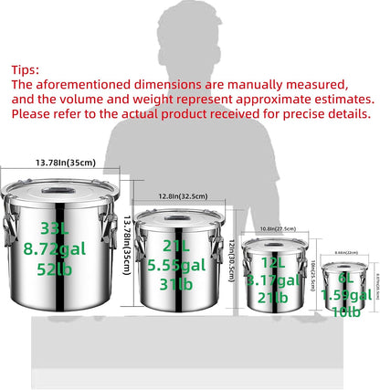 304 stainless steel food storage containers with lids lock clips airtight container large airtight for rice flour sugar grain coffee bean storage containers Kitchen jar (3.17gal/12L)