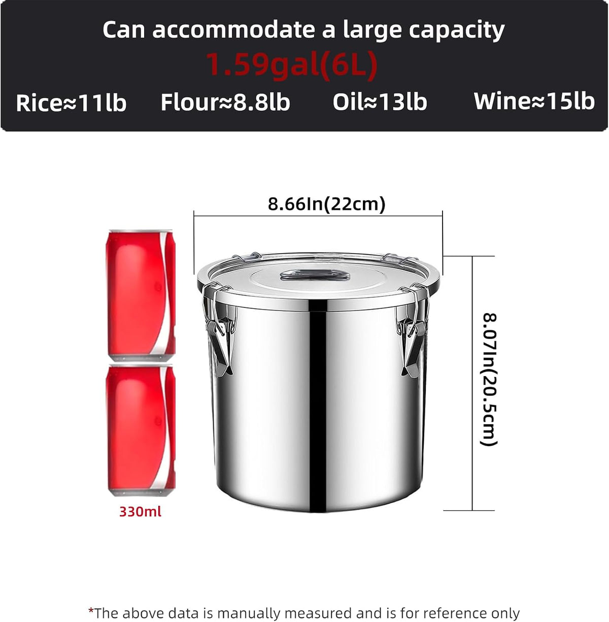 304 stainless steel food storage containers with lids lock clips airtight container large airtight for rice flour sugar grain coffee bean storage containers Kitchen jar (3.17gal/12L)