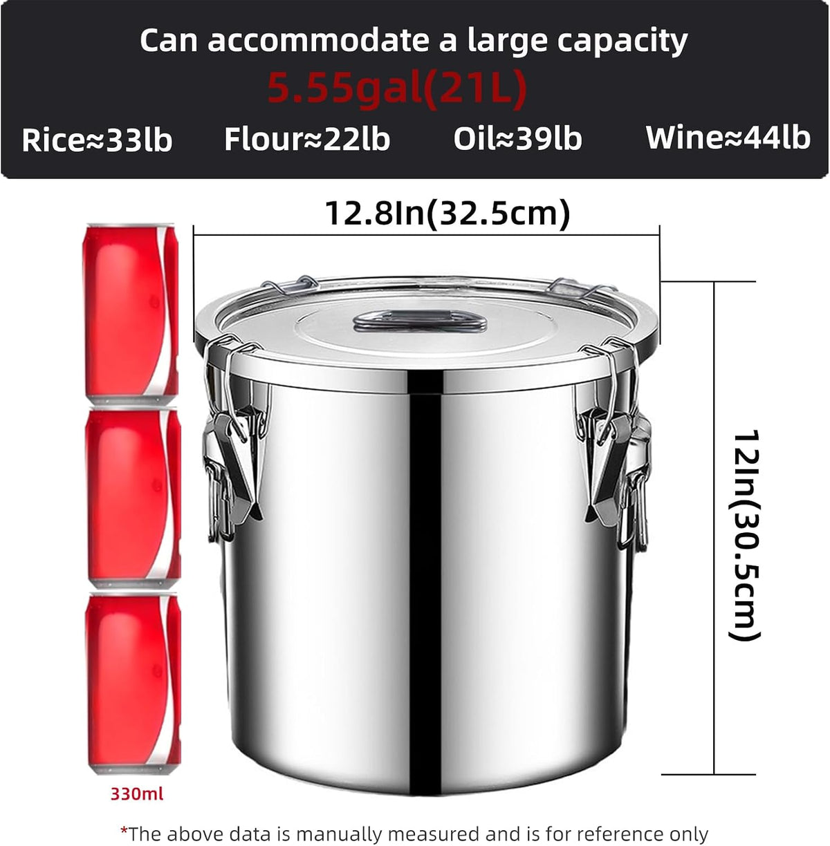 304 stainless steel food storage containers with lids lock clips airtight container large airtight for rice flour sugar grain coffee bean storage containers Kitchen jar (3.17gal/12L)