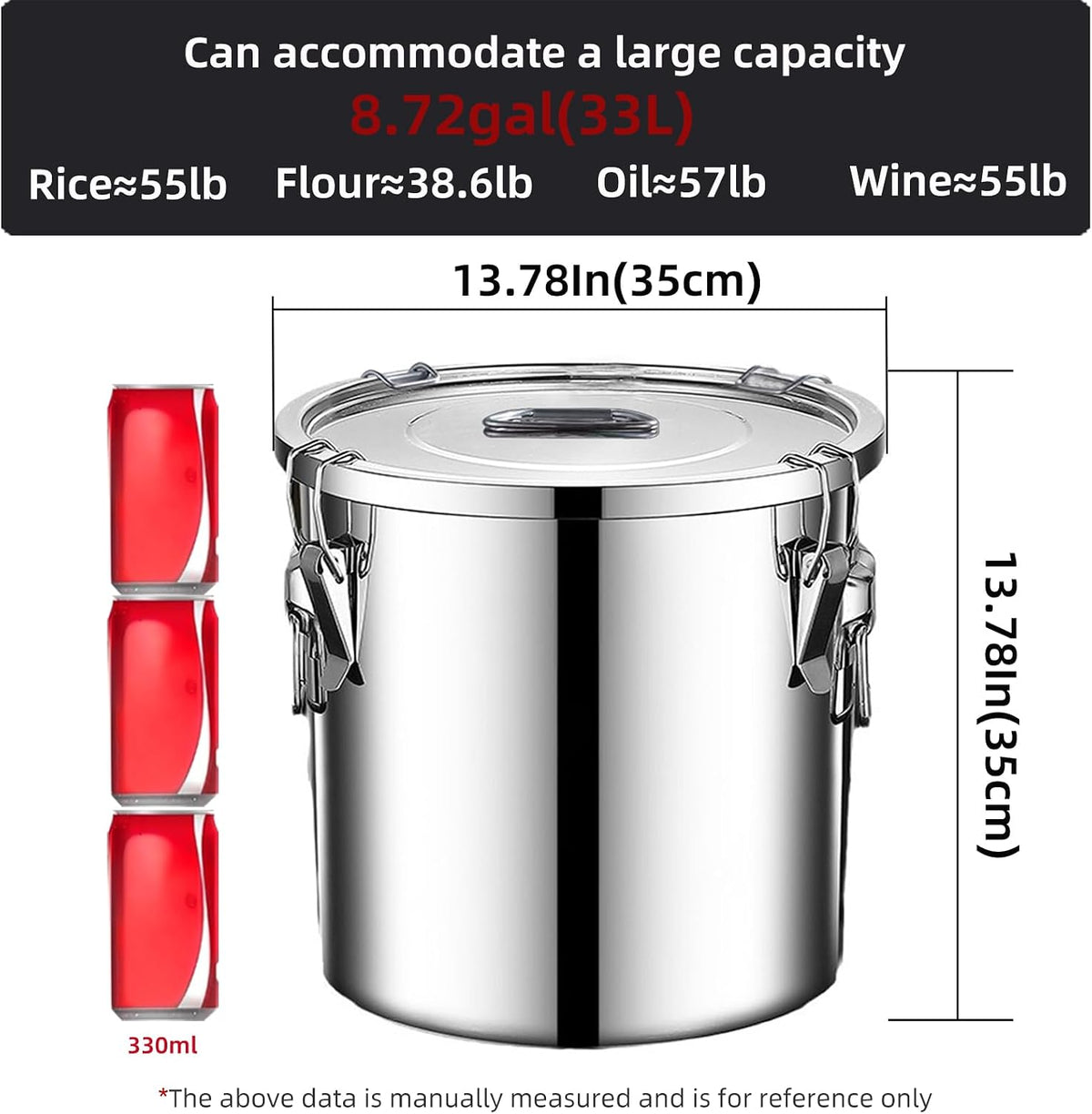 304 stainless steel food storage containers with lids lock clips airtight container large airtight for rice flour sugar grain coffee bean storage containers Kitchen jar (3.17gal/12L)