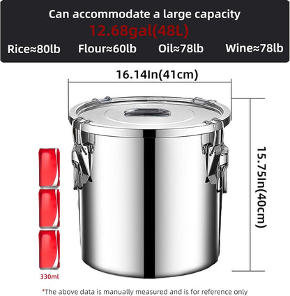 304 stainless steel food storage containers with lids lock clips airtight container large airtight for rice flour sugar grain coffee bean storage containers Kitchen jar (3.17gal/12L)