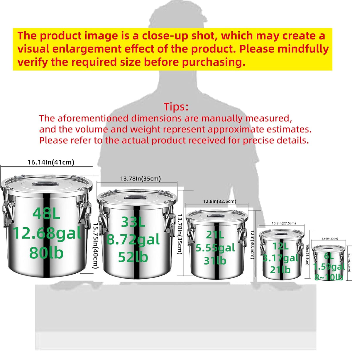 304 stainless steel food storage containers with lids lock clips airtight container large airtight for rice flour sugar grain coffee bean storage containers Kitchen jar (3.17gal/12L)