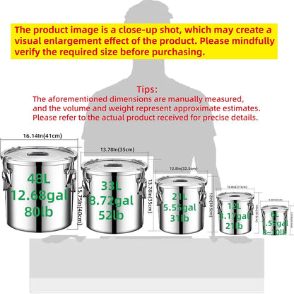 304 stainless steel food storage containers with lids lock clips airtight container large airtight for rice flour sugar grain coffee bean storage containers Kitchen jar (3.17gal/12L)