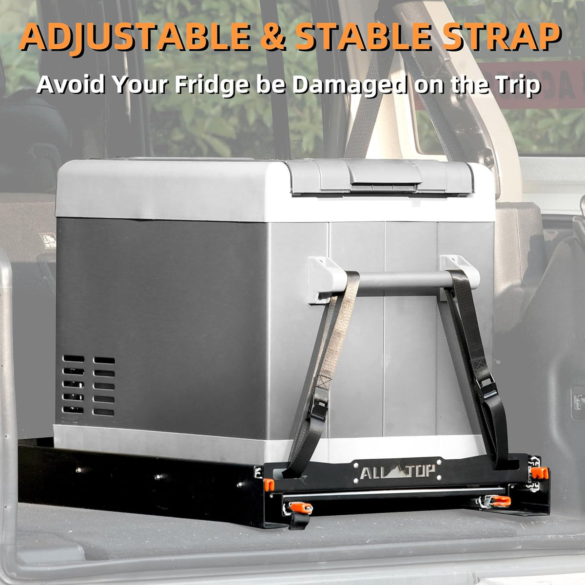 ALL-TOP Fridge Slide with Chopping Board, Inner 29.3 x 18.7in, Vehicle Refrigerator Slider with 4 Buckle Straps, Max 287 LBS, 3rd Gen