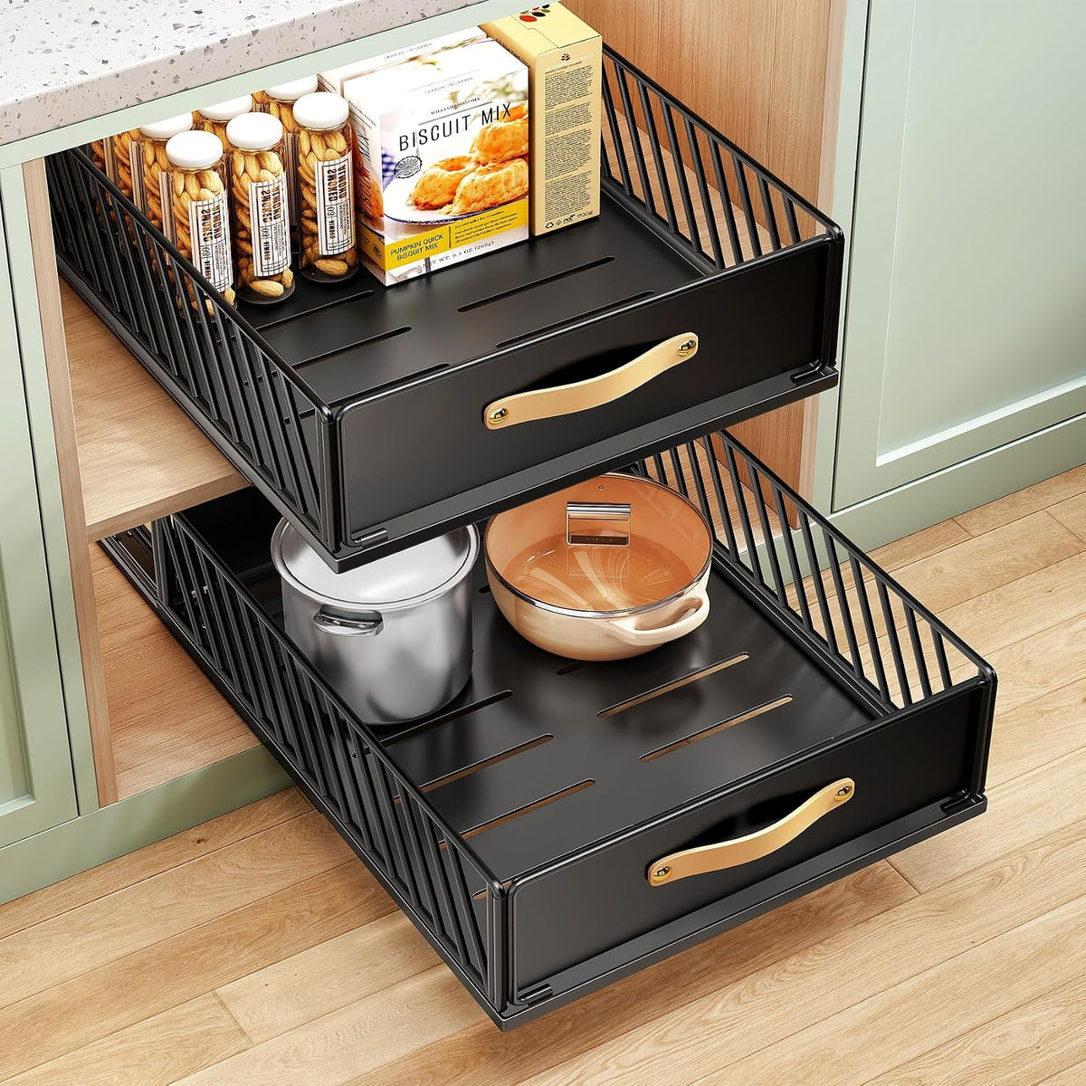 Pull out Cabinet Organizer,Heavy Duty Slide out Pantry Shelves Drawer Storage with Adhesive Nano Film,Sliding Mesh Cabinet Basket with Handle for Kitchen, Bathroom, Home, 11.8W" X 15.7"D X 6.2"H,White