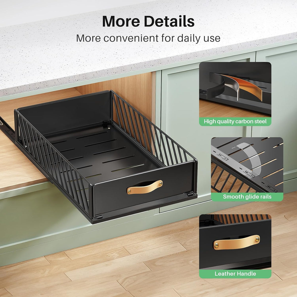 Pull out Cabinet Organizer,Heavy Duty Slide out Pantry Shelves Drawer Storage with Adhesive Nano Film,Sliding Mesh Cabinet Basket with Handle for Kitchen, Bathroom, Home, 11.8W" X 15.7"D X 6.2"H,White