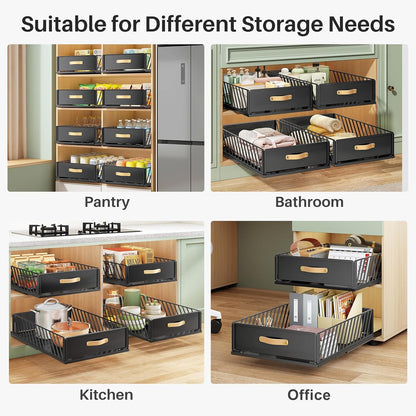 Pull out Cabinet Organizer,Heavy Duty Slide out Pantry Shelves Drawer Storage with Adhesive Nano Film,Sliding Mesh Cabinet Basket with Handle for Kitchen, Bathroom, Home, 11.8W" X 15.7"D X 6.2"H,White