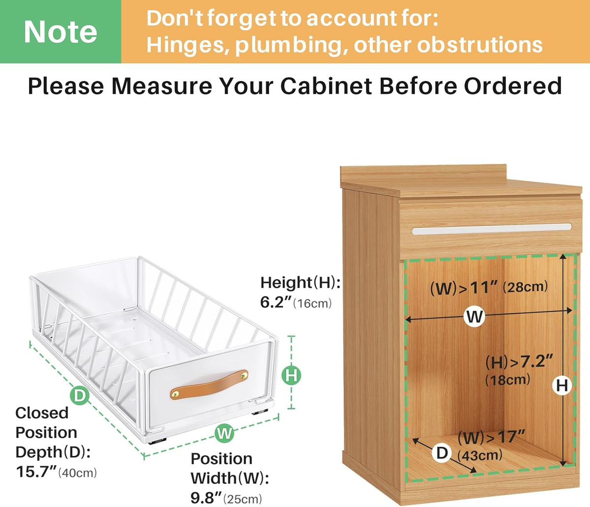 Pull out Cabinet Organizer,Heavy Duty Slide out Pantry Shelves Drawer Storage with Adhesive Nano Film,Sliding Mesh Cabinet Basket with Handle for Kitchen, Bathroom, Home, 11.8W" X 15.7"D X 6.2"H,White