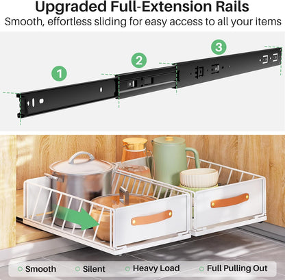 Pull out Cabinet Organizer,Heavy Duty Slide out Pantry Shelves Drawer Storage with Adhesive Nano Film,Sliding Mesh Cabinet Basket with Handle for Kitchen, Bathroom, Home, 11.8W" X 15.7"D X 6.2"H,White