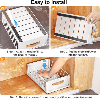 Pull out Cabinet Organizer,Heavy Duty Slide out Pantry Shelves Drawer Storage with Adhesive Nano Film,Sliding Mesh Cabinet Basket with Handle for Kitchen, Bathroom, Home, 11.8W" X 15.7"D X 6.2"H,White