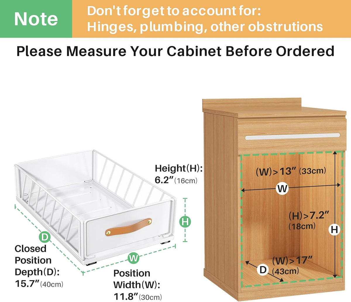 Pull out Cabinet Organizer,Heavy Duty Slide out Pantry Shelves Drawer Storage with Adhesive Nano Film,Sliding Mesh Cabinet Basket with Handle for Kitchen, Bathroom, Home, 11.8W" X 15.7"D X 6.2"H,White