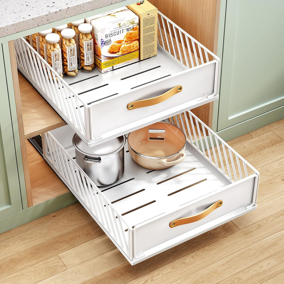 Pull out Cabinet Organizer,Heavy Duty Slide out Pantry Shelves Drawer Storage with Adhesive Nano Film,Sliding Mesh Cabinet Basket with Handle for Kitchen, Bathroom, Home, 11.8W" X 15.7"D X 6.2"H,White
