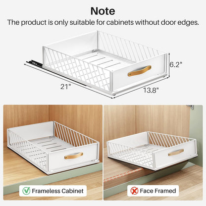 Pull out Cabinet Organizer,Heavy Duty Slide out Pantry Shelves Drawer Storage with Adhesive Nano Film,Sliding Mesh Cabinet Basket with Handle for Kitchen, Bathroom, Home, 11.8W" X 15.7"D X 6.2"H,White