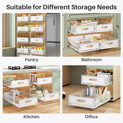 Pull out Cabinet Organizer,Heavy Duty Slide out Pantry Shelves Drawer Storage with Adhesive Nano Film,Sliding Mesh Cabinet Basket with Handle for Kitchen, Bathroom, Home, 11.8W" X 15.7"D X 6.2"H,White
