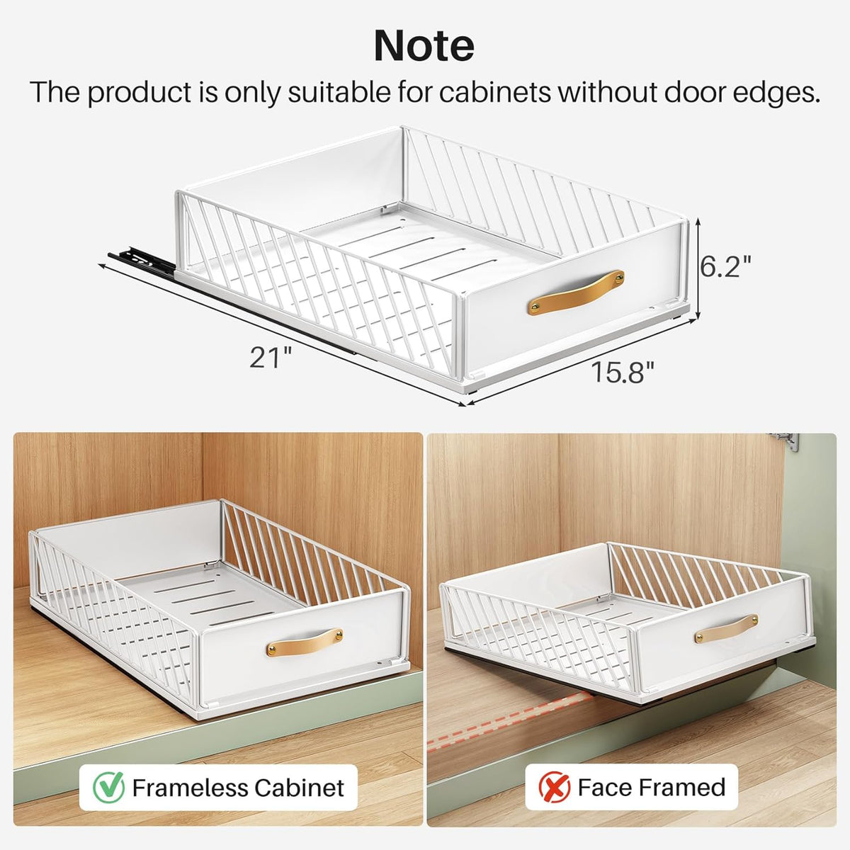 Pull out Cabinet Organizer,Heavy Duty Slide out Pantry Shelves Drawer Storage with Adhesive Nano Film,Sliding Mesh Cabinet Basket with Handle for Kitchen, Bathroom, Home, 11.8W" X 15.7"D X 6.2"H,White