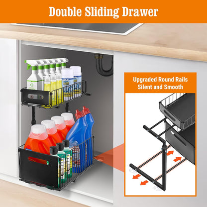 Under Sink Organizers and Storage, 2-Tier Pull Out Cabinet Organizer | Slide Sink Steel Shelf Cabinet Storage Shelves, Height Adjustable Under Sink Storage for Kitchen Bathroom, 2 Pack