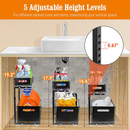 Under Sink Organizers and Storage, 2-Tier Pull Out Cabinet Organizer | Slide Sink Steel Shelf Cabinet Storage Shelves, Height Adjustable Under Sink Storage for Kitchen Bathroom, 2 Pack